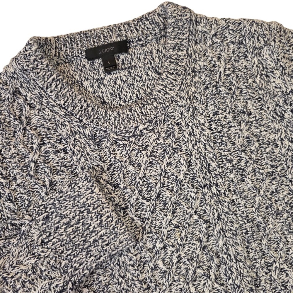 J.Crew Women's Large Sweater Navy White Marled Cable Knit 100% Cotton F8621